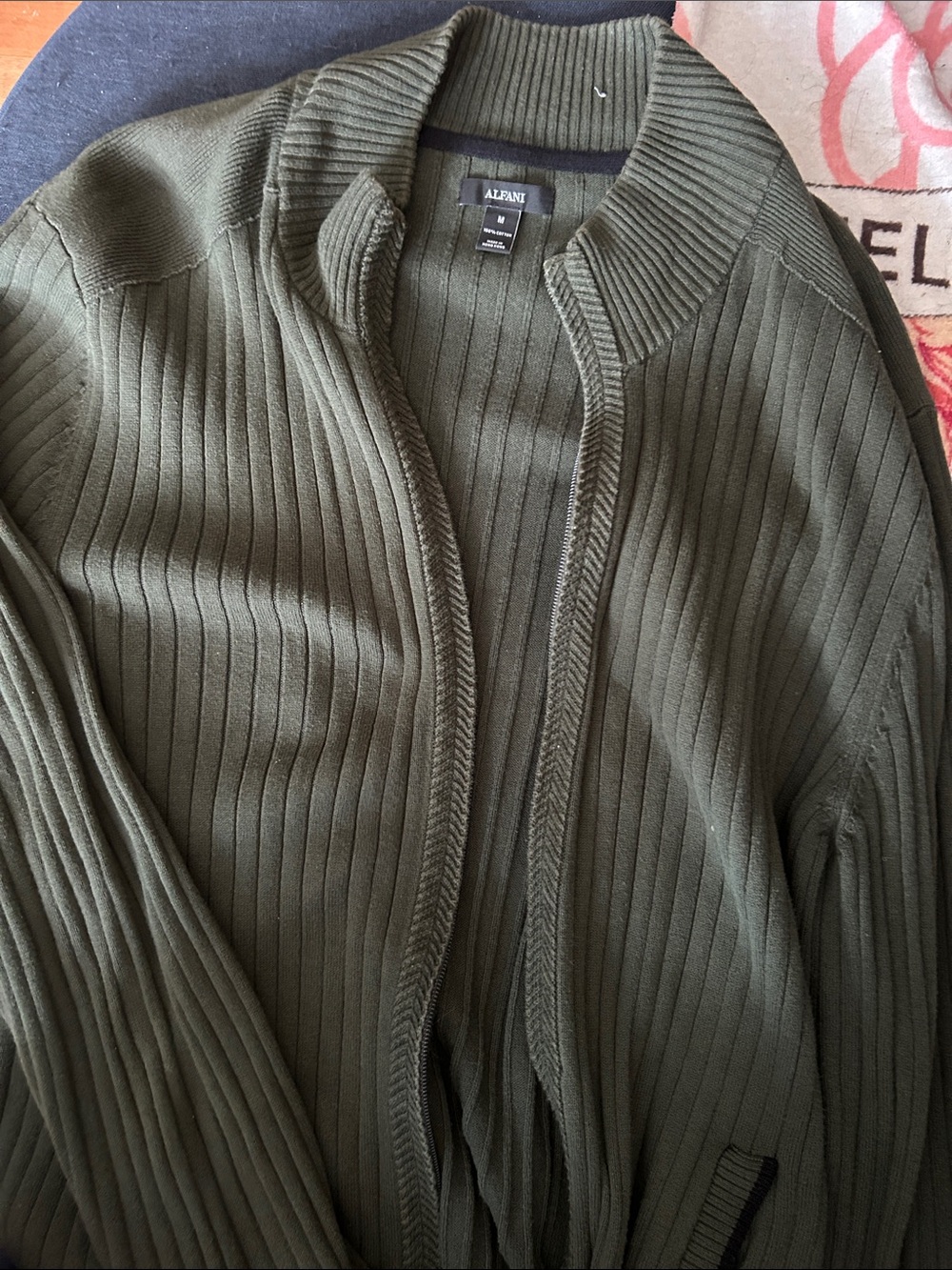 Alfani Men’s Olive Ribbed Full-Zip Cardigan Sweater